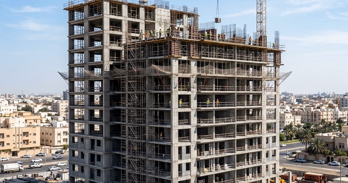 عمارة سكنية حديثة من أربعة أدوار قيد الإنشاء في جدة مع توضيح تكلفة بناء العمارة والعائد الاستثماري