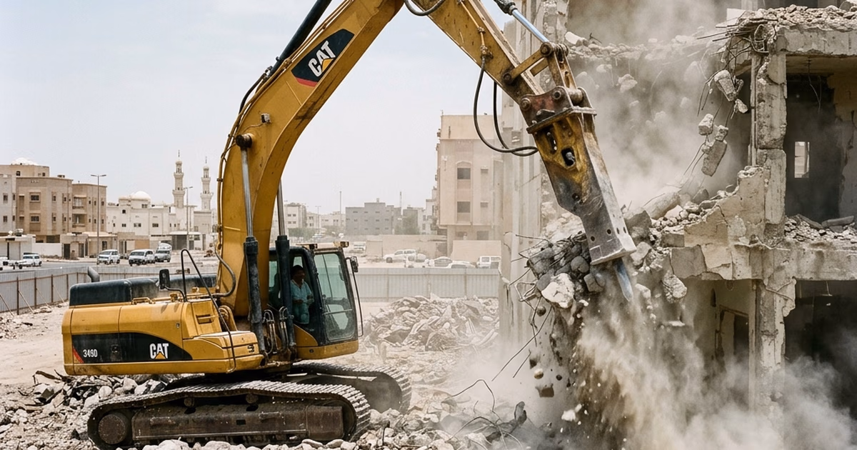 معدة هدم ميكانيكية تهدم مبنى خرسانياً في جدة مع تجميع الأنقاض للترحيل
