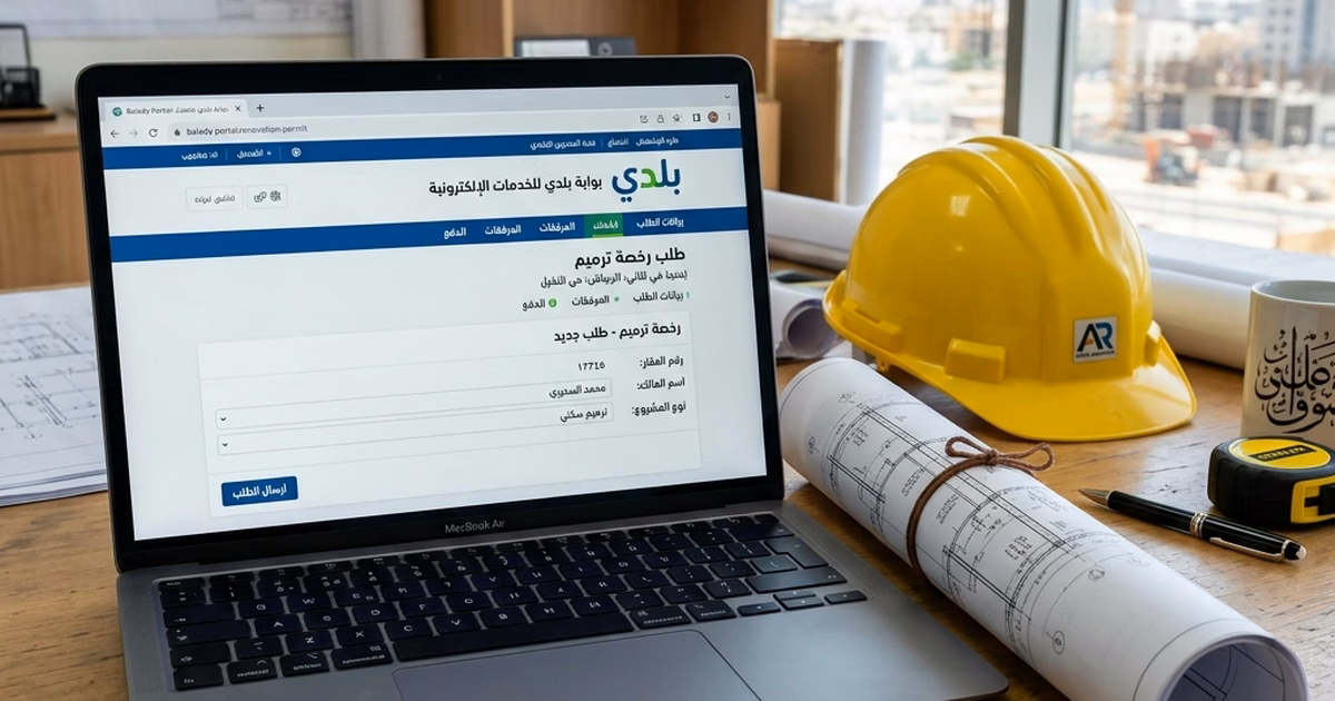 عامل ترميم يعالج جداراً إنشائياً في مبنى بجدة مع مخططات ووثائق رخصة الترميم