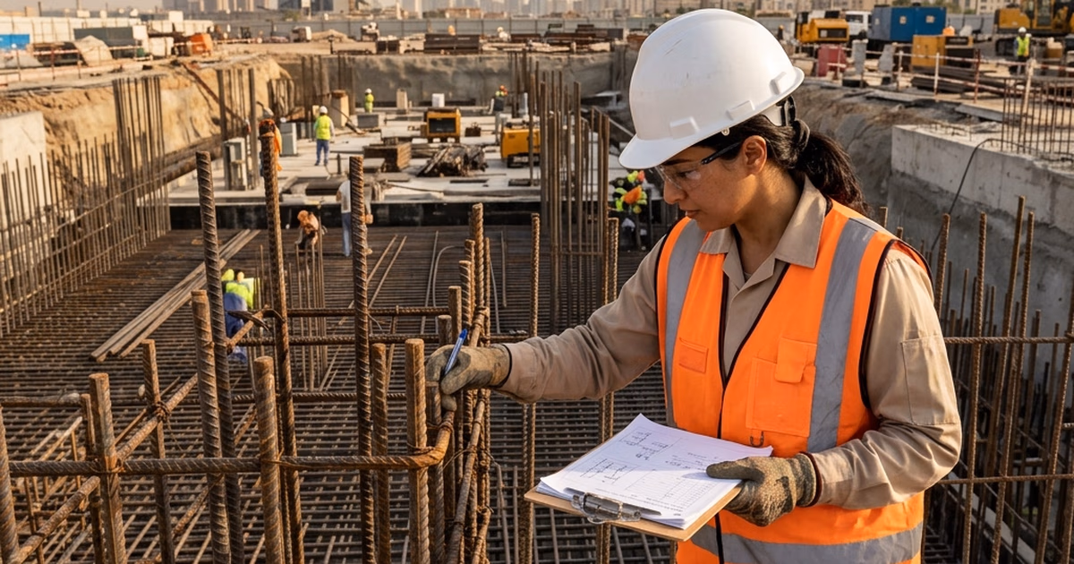 مهندس يراجع مخططات الكود السعودي للبناء أمام فيلا قيد الإنشاء في جدة
